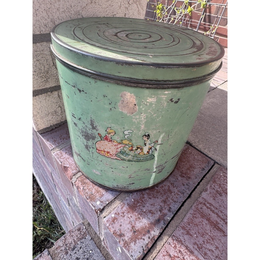 Vintage Mint Green Tin Two Ladies Drinking Tea Victorian Style 8" Tall